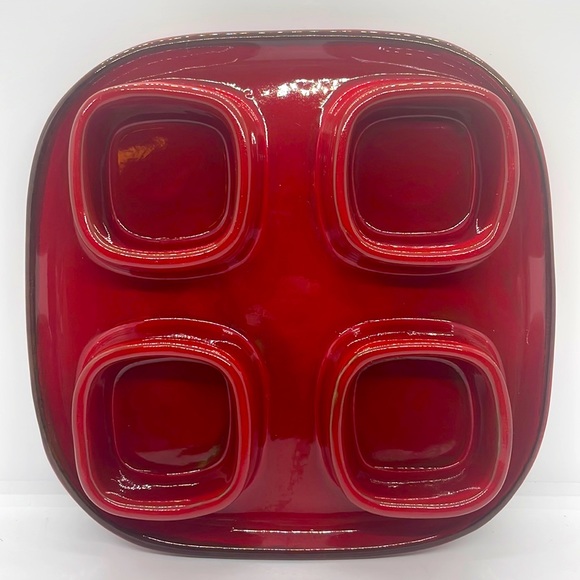 Pottery Barn Ceramic Condiment Dish, with Lids. Deep red, with brown accents. - Picture 5 of 8